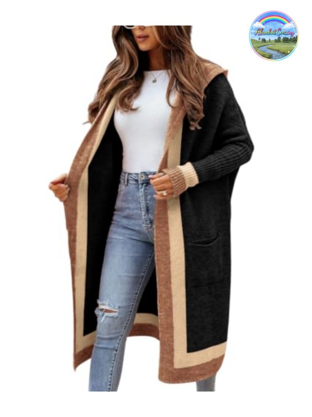Women's Oversized Hooded Open Front Striped Cardigan Sweater with Pockets